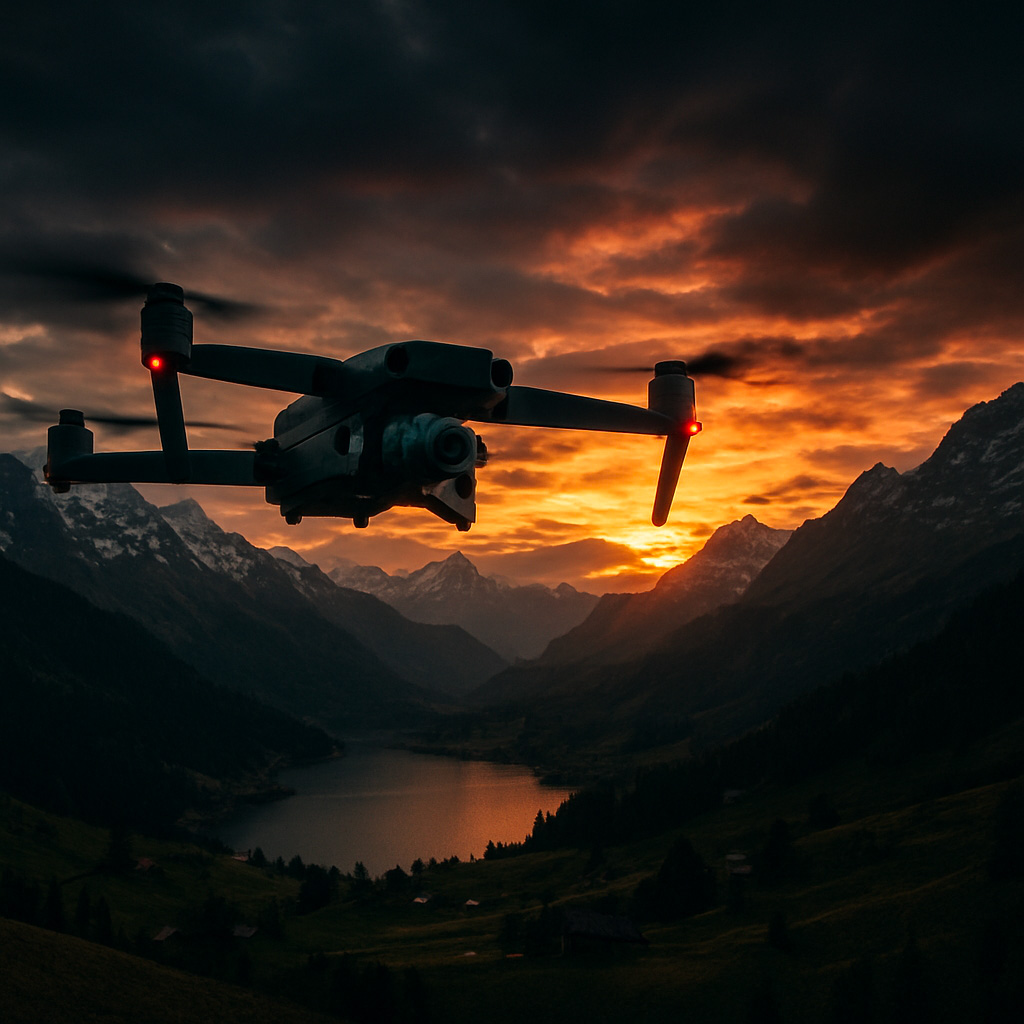 Drone professionnel survolant un paysage alpin suisse